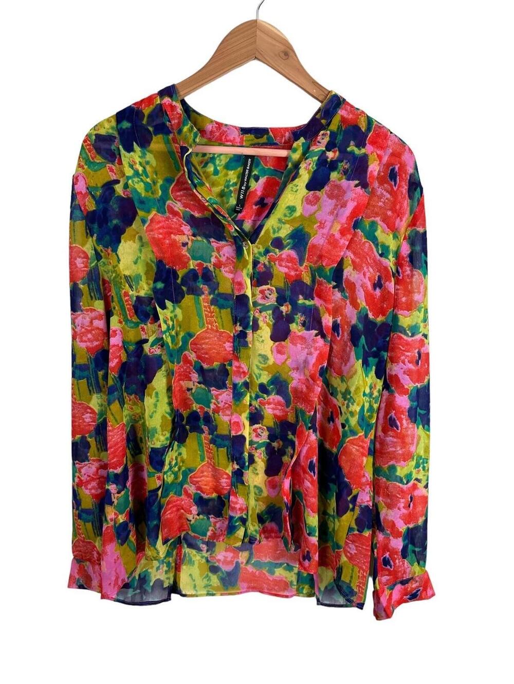W118 By Walter Baker Large Blouse Floral Button Up Top Mandarin Collar Sheer
